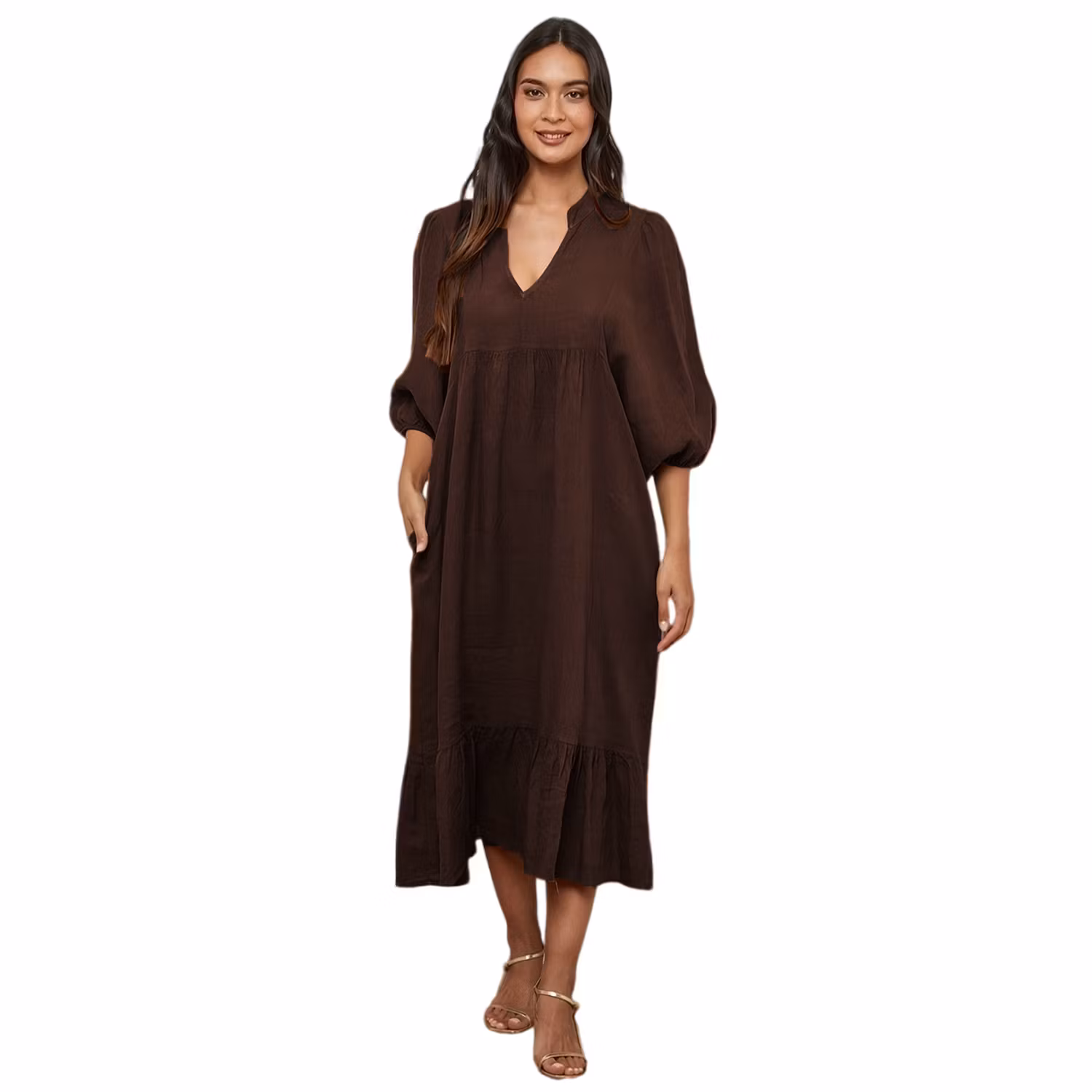 Mörkbrun v-ringad linneklänning med puffärm och enkel volang.