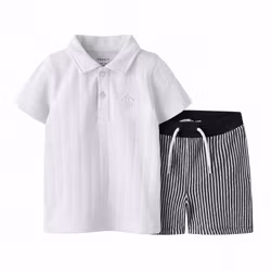 Name It sommarset barn blårandiga shorts och vit pikétröja