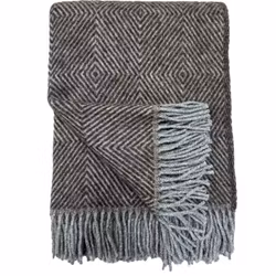 Ullpläd 100% ull brungrå gåsöga med fransar 130x180 cm