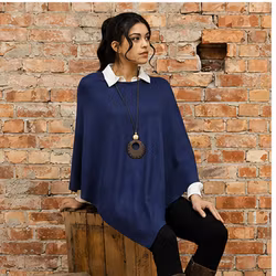 Poncho rund hals 100% merinoull blå – onesize