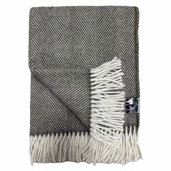 Ullpläd 100% ull skogsgrön fiskbensmönstrad med fransar 130x180 cm