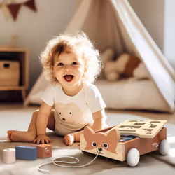 Dragleksak vagn med klossar i trä