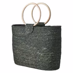 Stråväska flätad mörkgrön 35x25 cm bambuhandtag