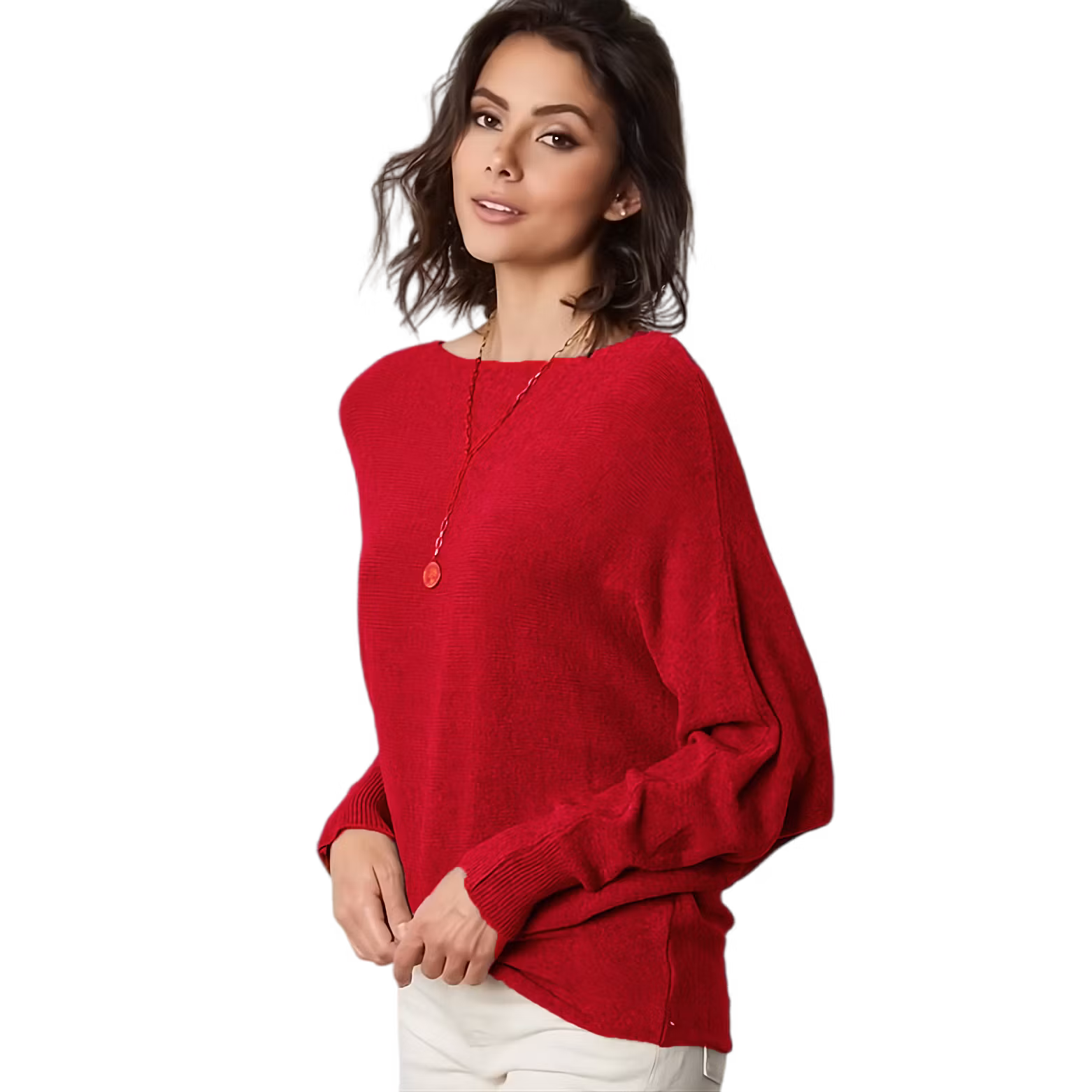 Röd finstickad tröja med båthals och pingvinärm - otroligt stretchig one sixe