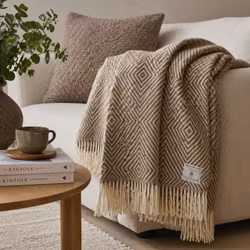Ullpläd 100% ull beige gåsöga med fransar 130x180 cm