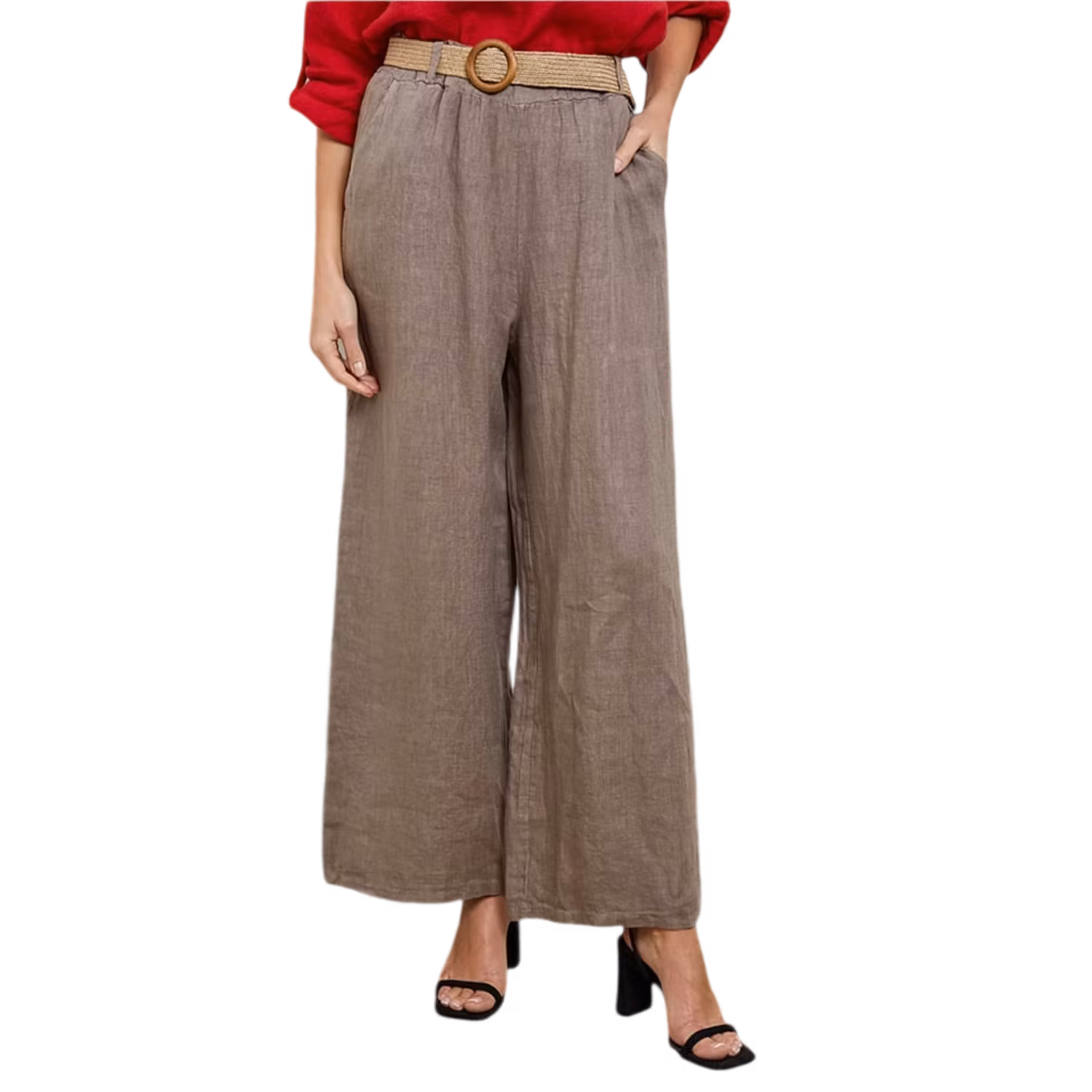 Rymliga linnebyxor med bra vidd till dam. Tacksam beigegrå nyans och luftig passform.