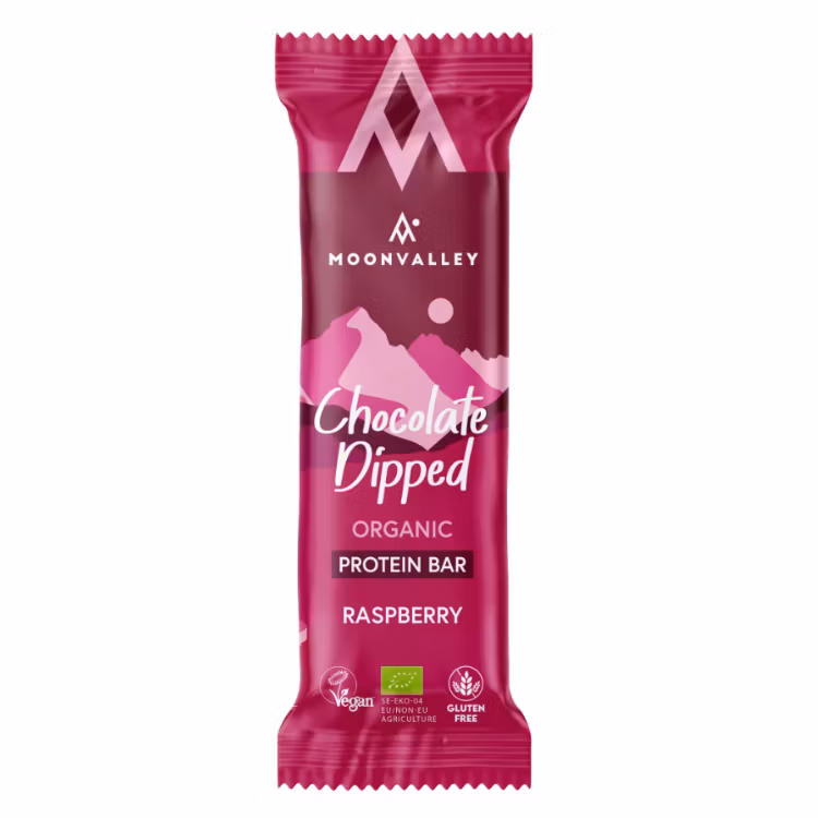 Moonvalley proteinbar hallson med chokladöverdrag