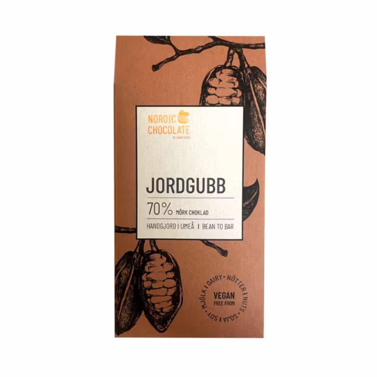 Bild på paketet för 70% choklad med Jordgubb från Nordic Chocolate