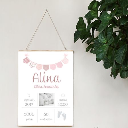 Födelseposter Rosa vimpel med foto