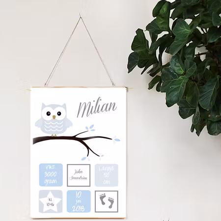 Födelseposter, doptavla, namntavla Blå uggla gren