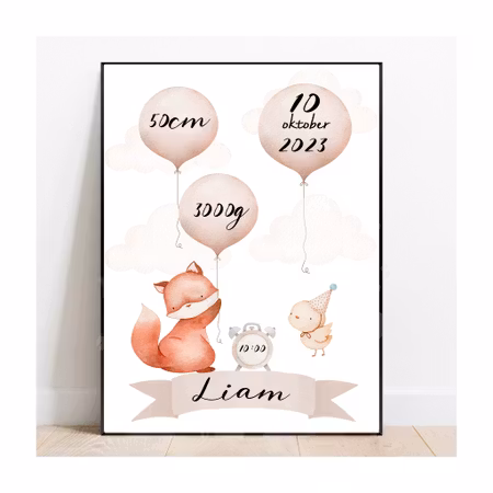 Födelseposter, namntavla, doptavla Red fox - DIGITAL PRODUKT