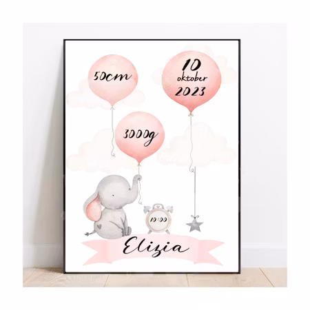 Födelseposter, namntavla, doptavla Rosa elefant - DIGITAL PRODUKT