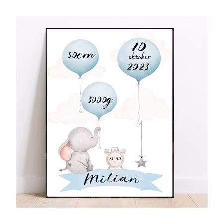 Födelseposter, namntavla, doptavla Blå elefant - DIGITAL PRODUKT