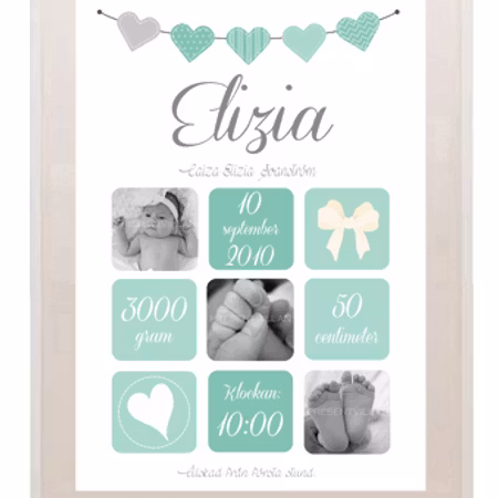 Födelseposter/doptavla/namntavla Petrol rutor foton "Älskad från första stund"