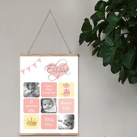 Födelseposter/doptavla/namntavla Rosa rutor med foton foxy