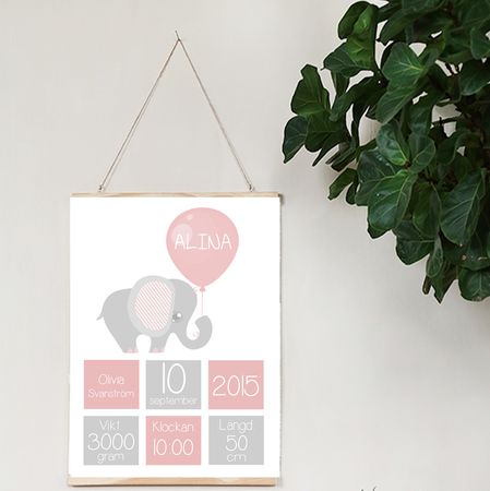 Födelseposter/doptavla/namntavla Elefant rosa