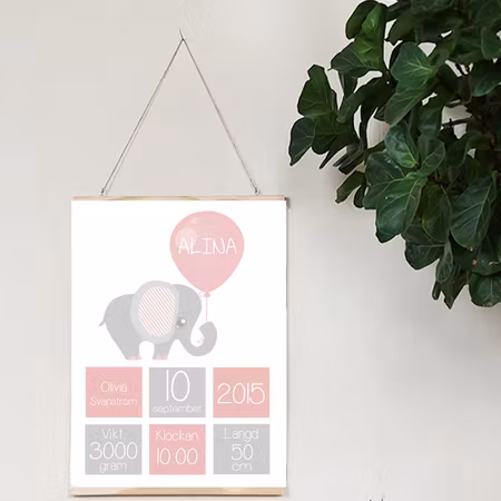 Födelseposter/doptavla/namntavla Elefant rosa