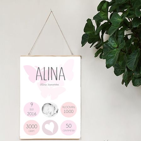 Födelseposter/doptavla/namntavla Fjäril med cirkelfoto