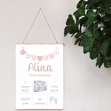 Födelseposter/doptavla/namntavla Rosa vimpel med foto