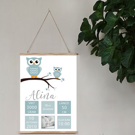 Födelseposter/doptavla/namntavla Ugglor dusty blue