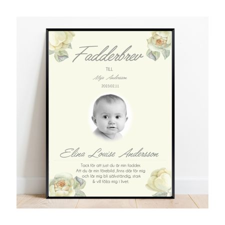 Fadderbrev, dopbrev Rose med foto