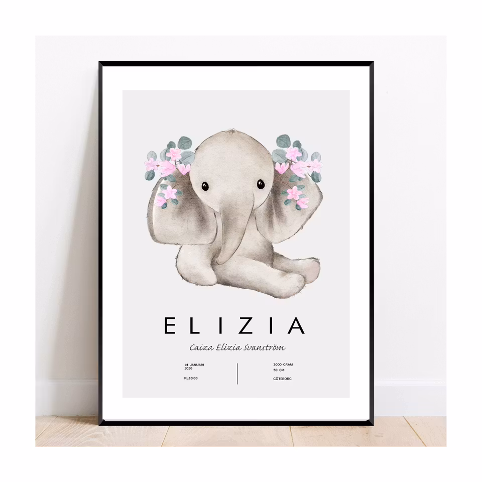 Födelseposter/doptavla/namntavla sweet elephant pink