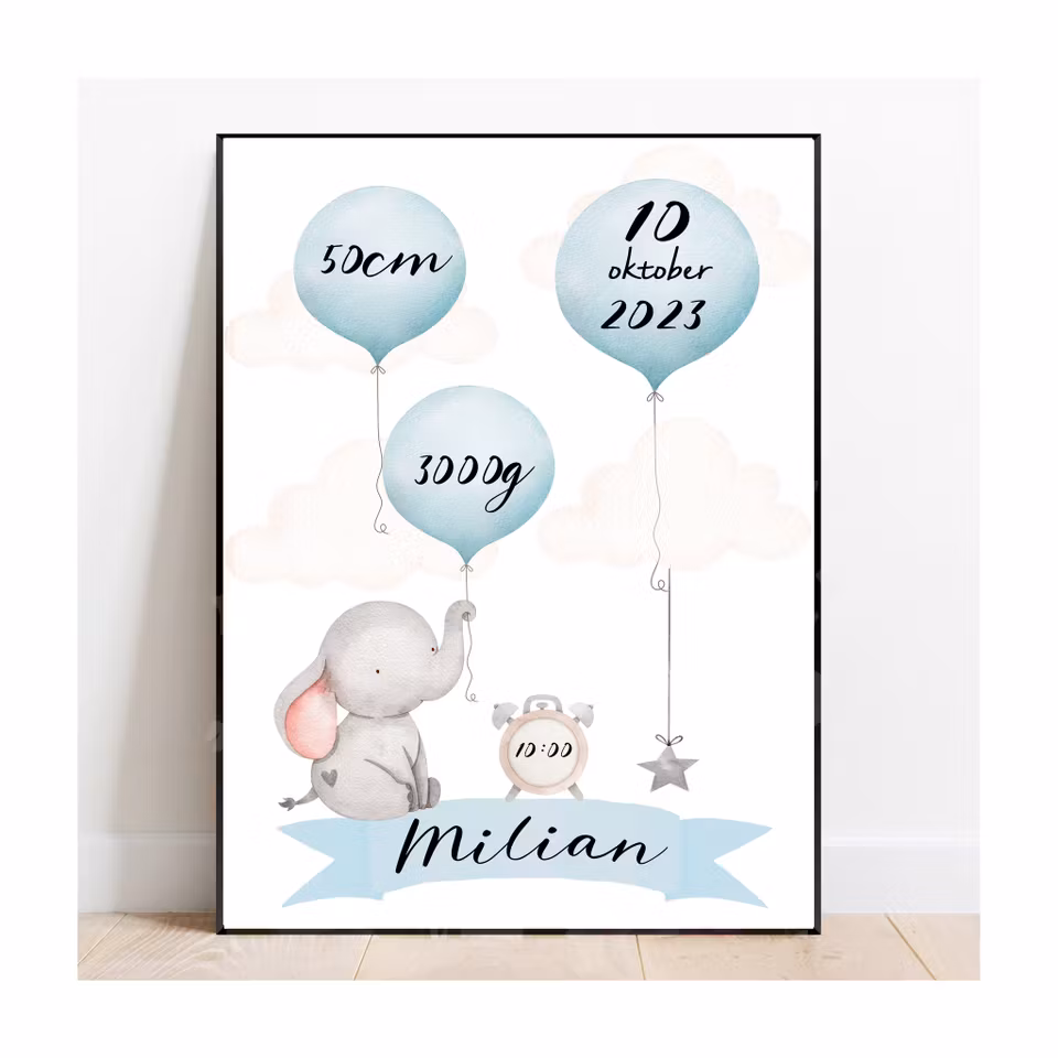 Födelseposter, namntavla, doptavla Blå elefant