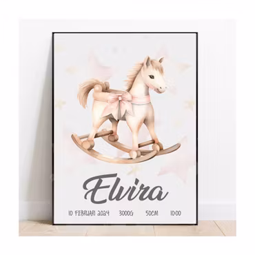 Födelseposter, namntavla, doptavla gunghäst med rosett