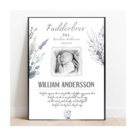 Fadderbrev, dopbrev, fadderbevis sommarblomster med foto