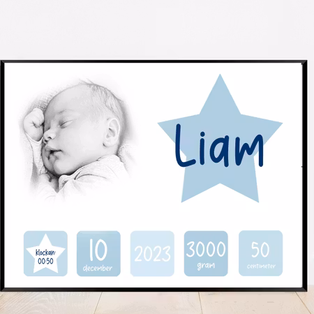 Födelseposter, doptavla, namntavla Star vågrät med foto