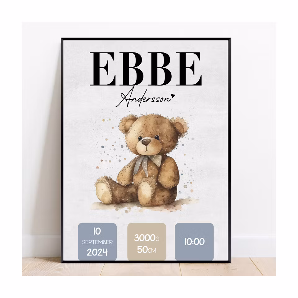 Födelseposter, namntavla, doptavla Söta björnen blå