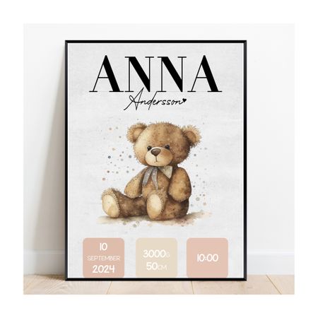 Födelseposter, namntavla, doptavla Söta björnen rosa