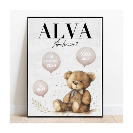Födelseposter, namntavla, doptavla Söta björnen rosa ballong