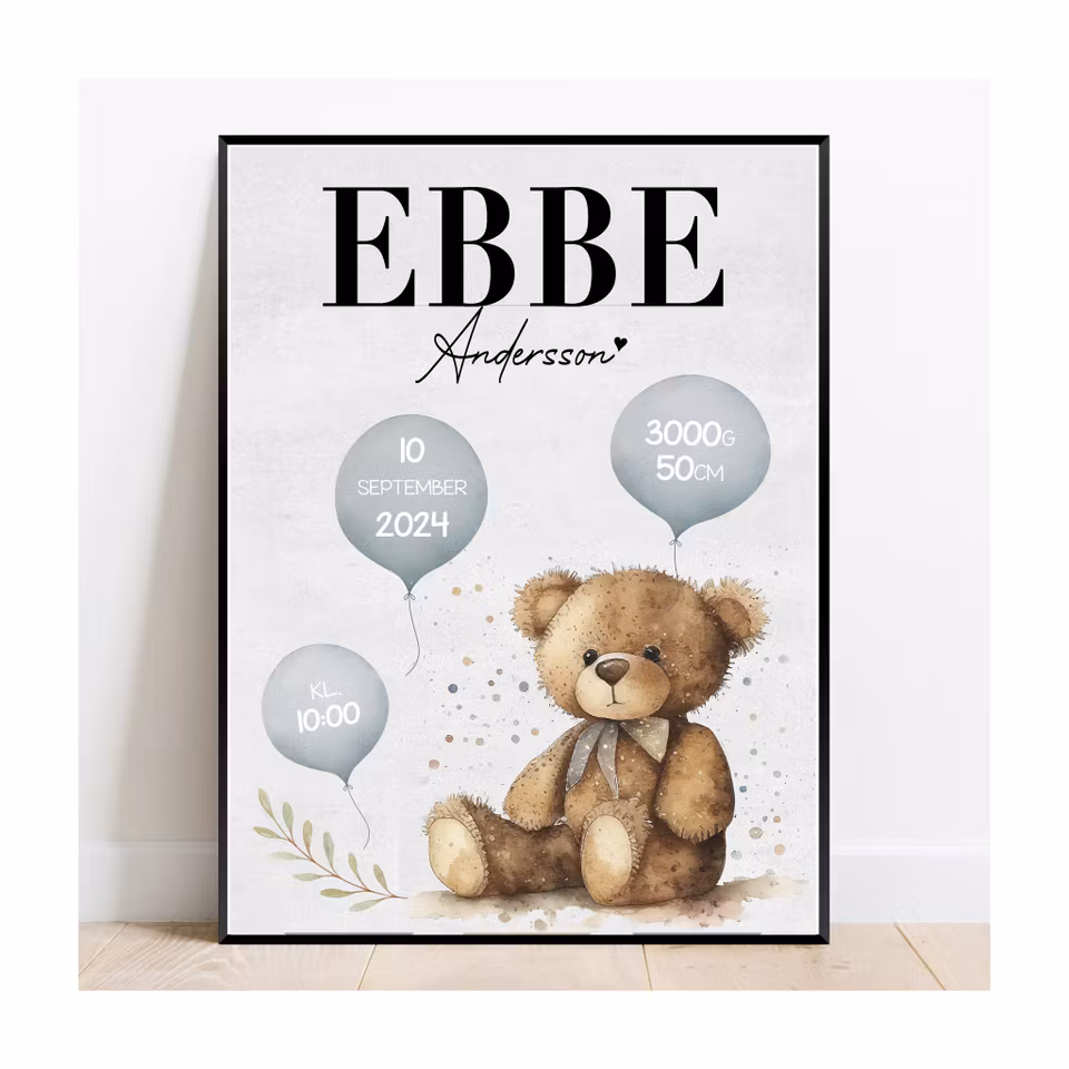 Födelseposter, namntavla, doptavla Söta björnen blå ballong