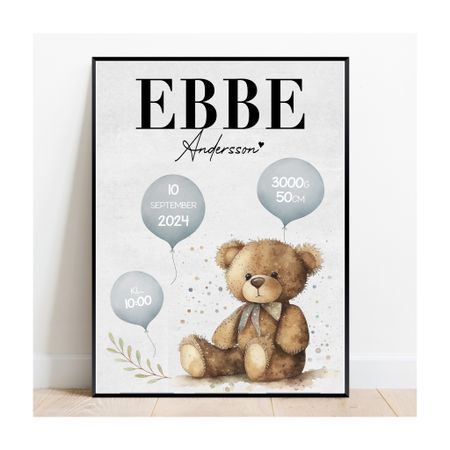 Födelseposter, namntavla, doptavla Söta björnen blå ballong