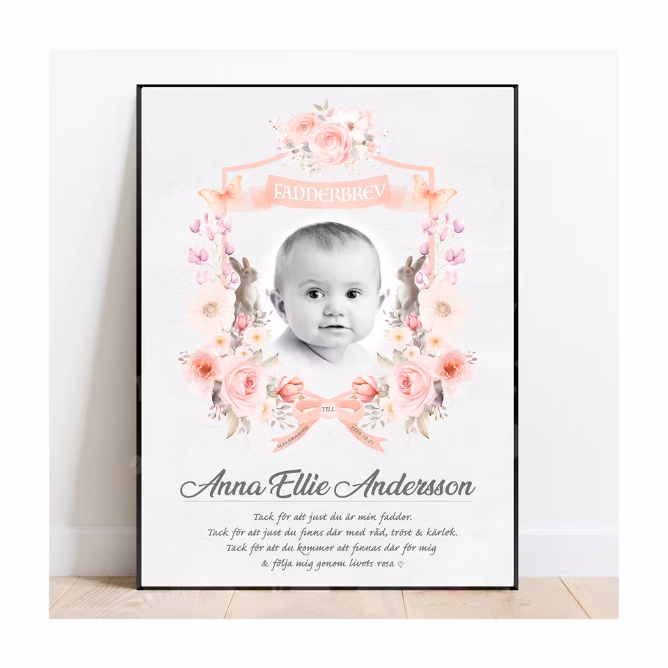 Fadderbrev Pink rose med foto