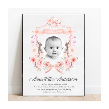 Fadderbrev Pink rose med foto