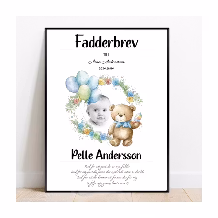 Fadderbrev, dopbrev, Tack för nallen blå med foto