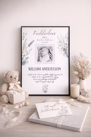 Fadderbrev, dopbrev, fadderbevis sommarblomster med foto