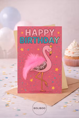 Gratulationskort Flamingo- Happy Birthday