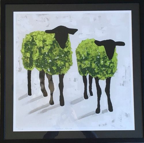 Inramat gicleétryck, grön 60x60 cm