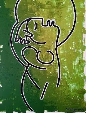 Surrealistiskt verk i grönt av C.Brüggmann. Inred med gröna tavlor för skön känsla. Stilrena tavlor.