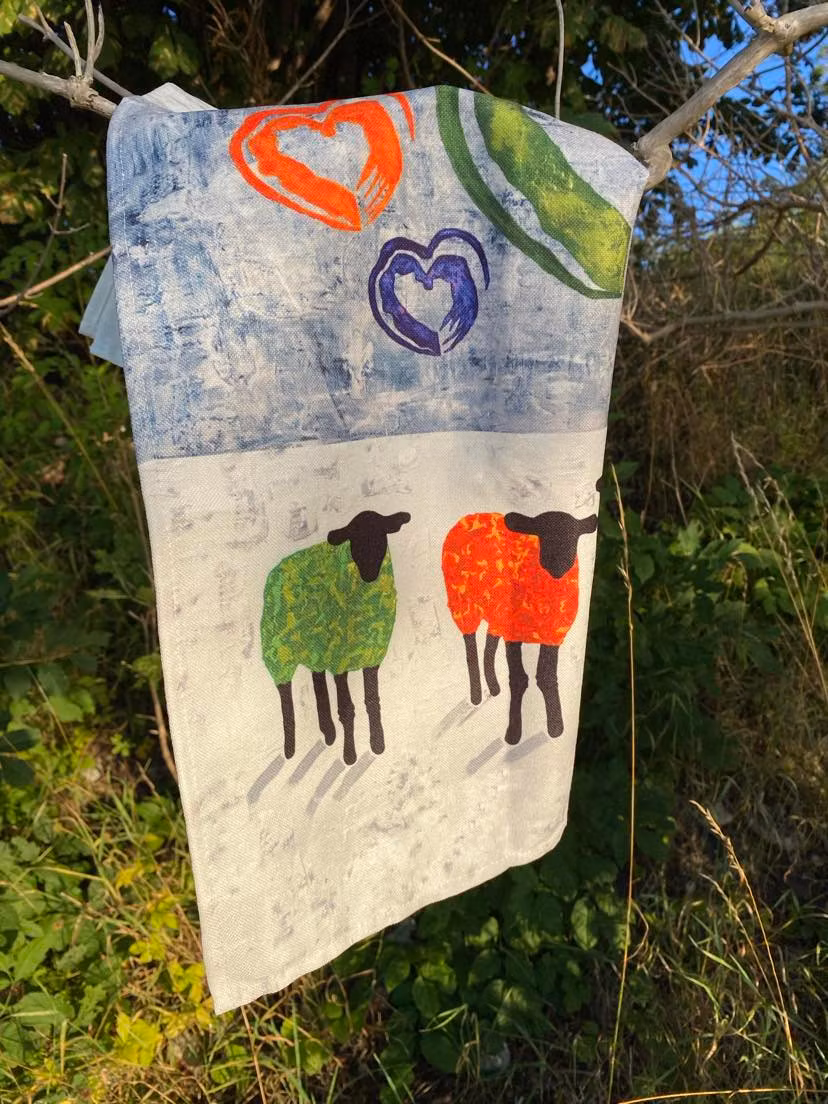 Kökshandduk, lamm och hjärtan