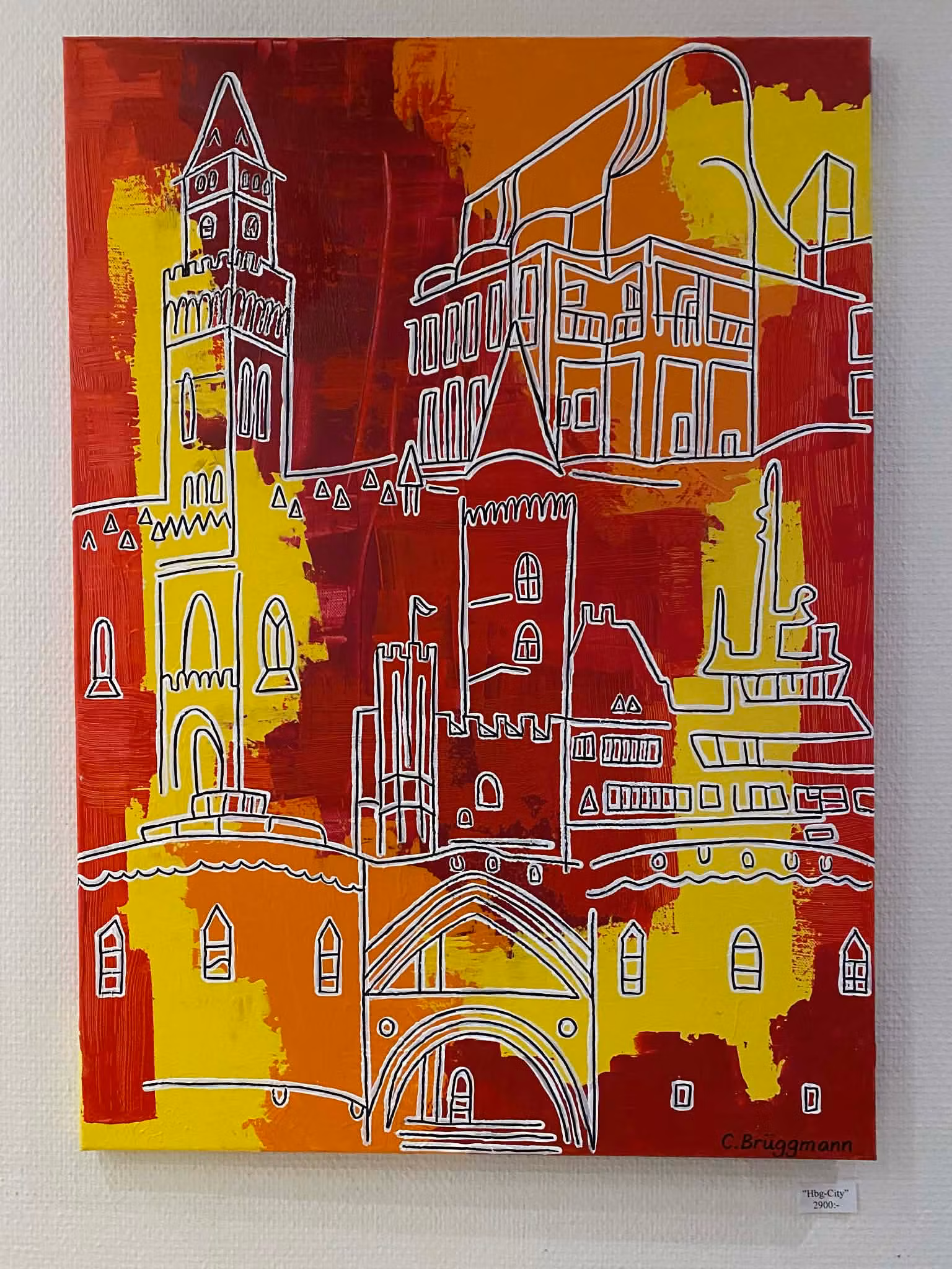 Målning med klassiska Helsingborgs-landmärken såsom Kärnan, Rådhuset, Dunkers Kulturhus och färjan till Helsingör.