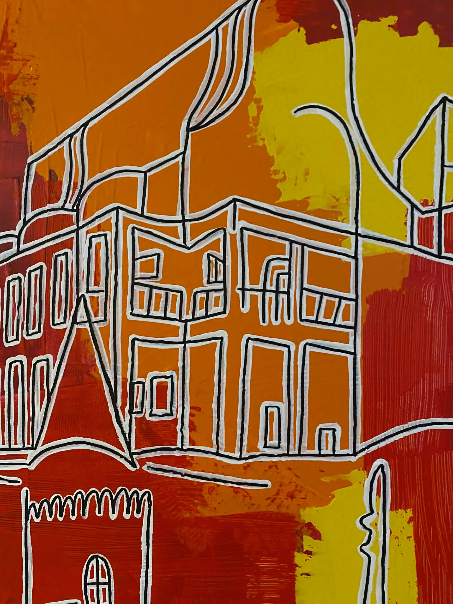 Dunkers Kulturhus i Helsingborg är avmålat på C.Brüggmanns eget sätt i glada färger i gult, rött och orange.