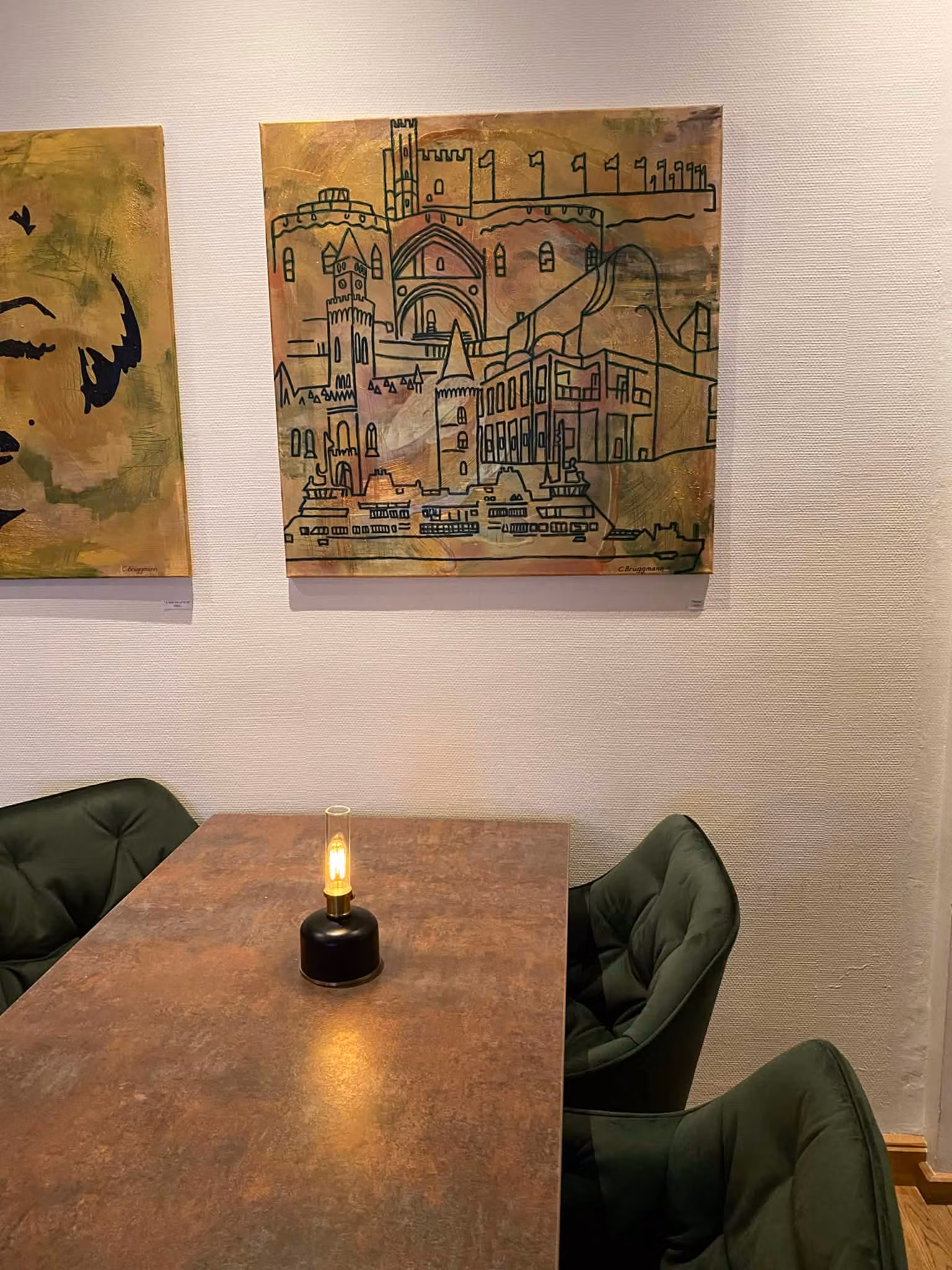 Stort handmålat originalverk med klassiska landmärken i Helsingborg såsom Dunkers Kulturhus, Rådhuset, färjan till Helsingör m fl.