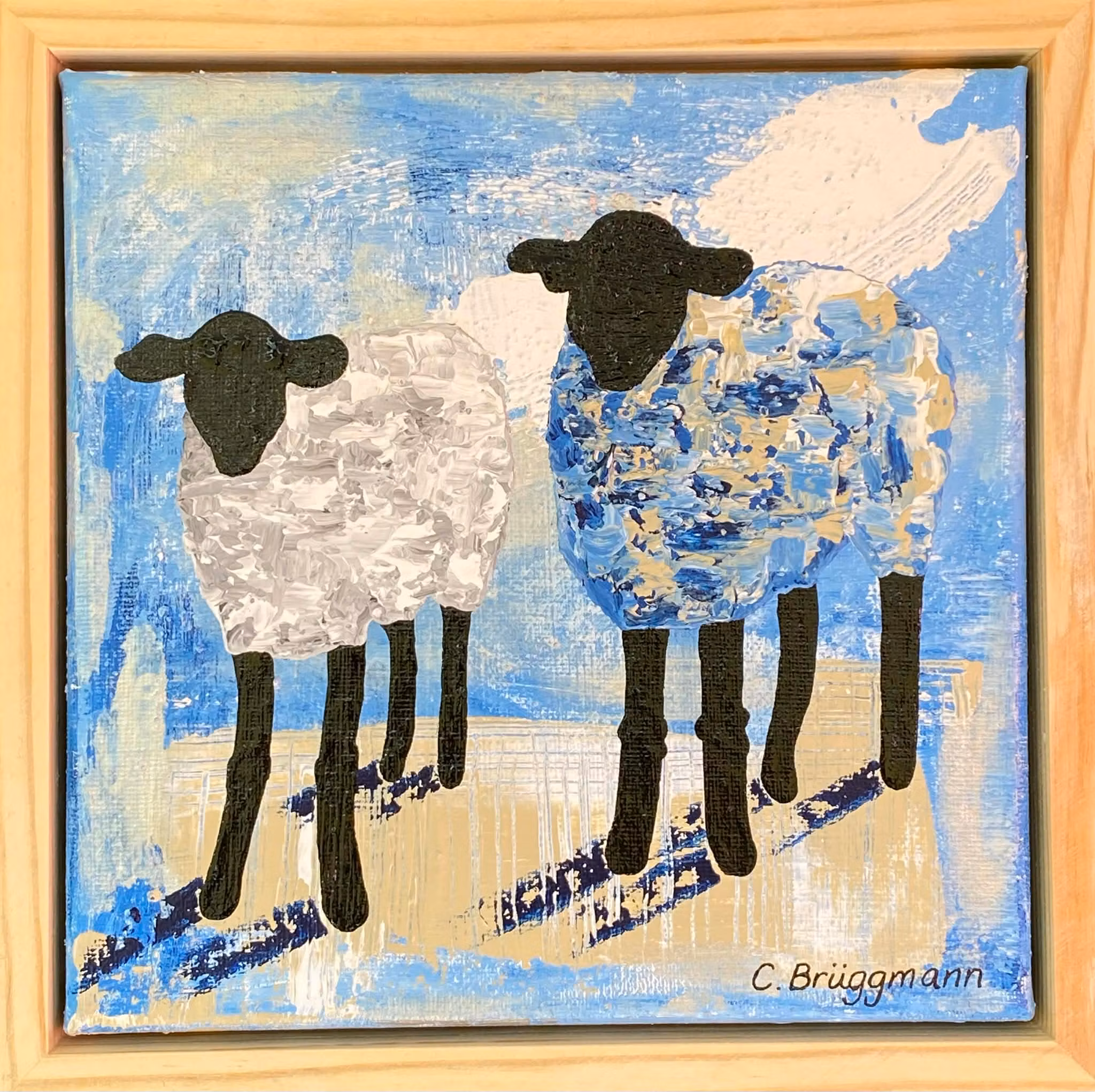 På konstrundan i Nordvästra Skåne visas fårkonst av C.Brüggmann som denna lilla lammtavla i blått.