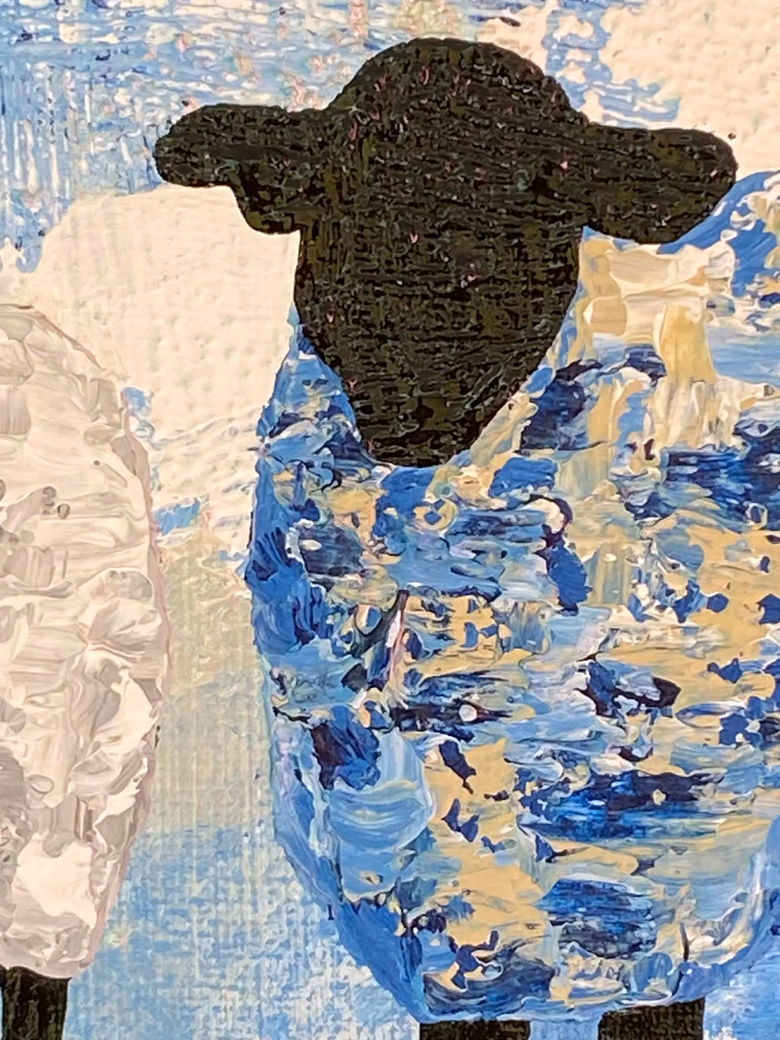 Målade får i olika färger, Blått, beige och grått. Gotlandsmotiv när det är som bäst!