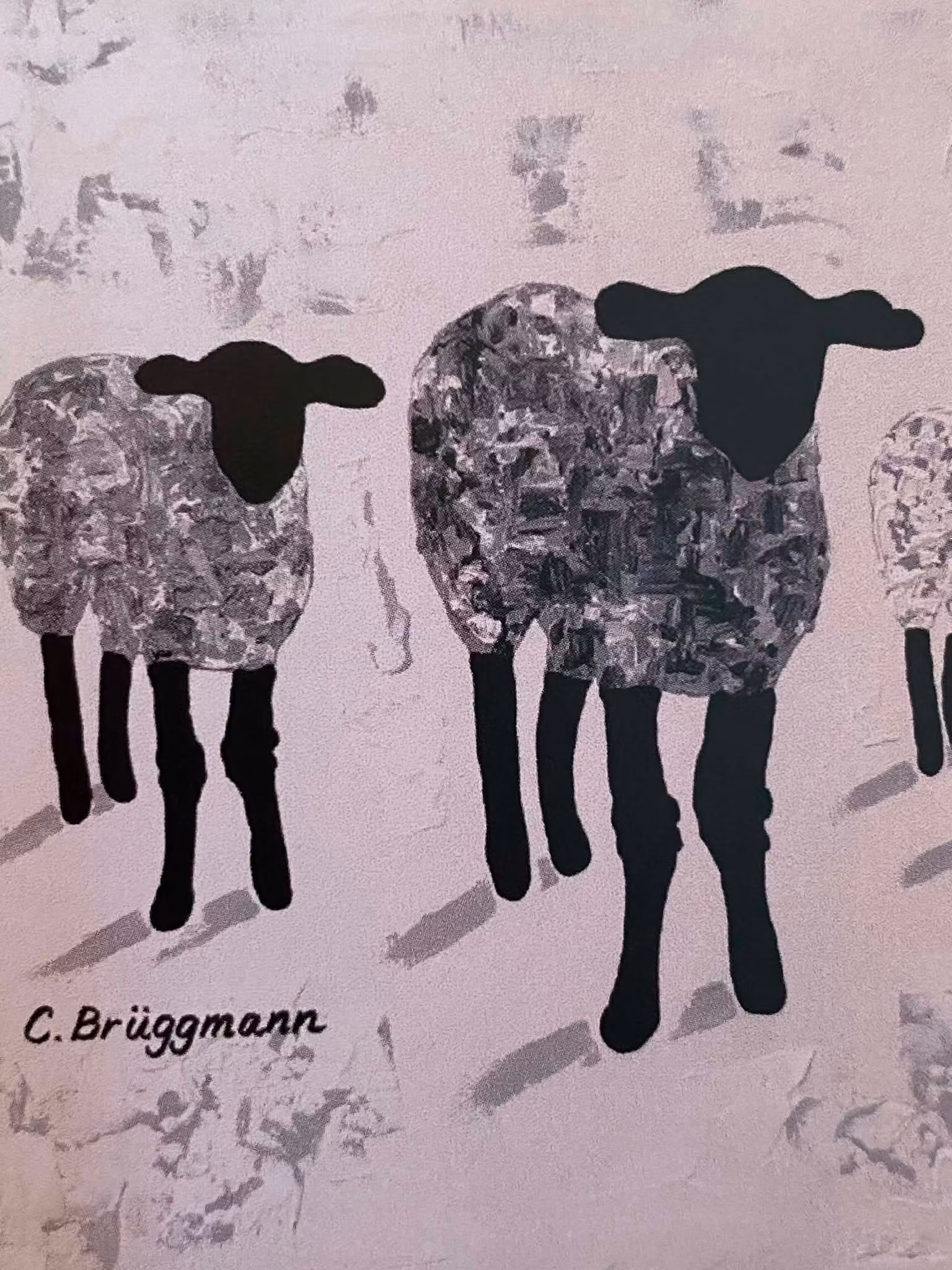 Litet Art-Print med stilrena lamm i grått. Ett konsttryck av en originalmålning av C.Brüggmann.