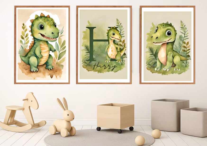 Personliga dinosaurieaffischer för barn – 3-pack väggkonst i pastell för barnrum